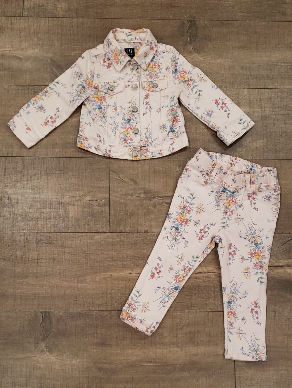 GAP Pink Floral Two-Piece Denim Jacket and Jeans Set 18-24M